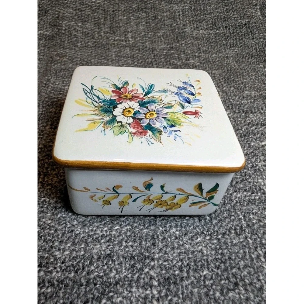 Vintage KV Ker-Vitrel Ceramic Trinket Box France Hand Painted Floral Square